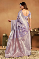 India Silk Lavender Sarees Showcase A Rich Pallu Adorned With Intricate Zhallar Work Blending Traditional Craftsmanship